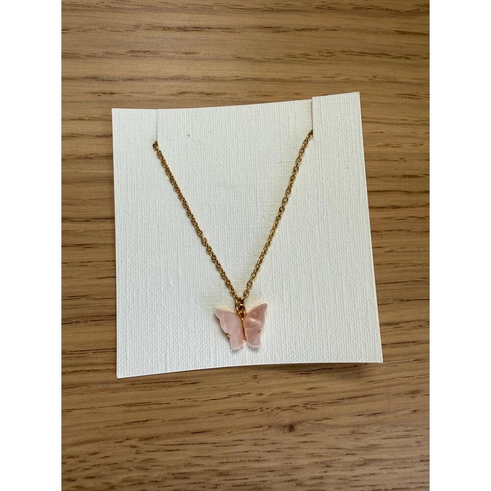NWT Pink Butterfly Necklace With Gold Chain